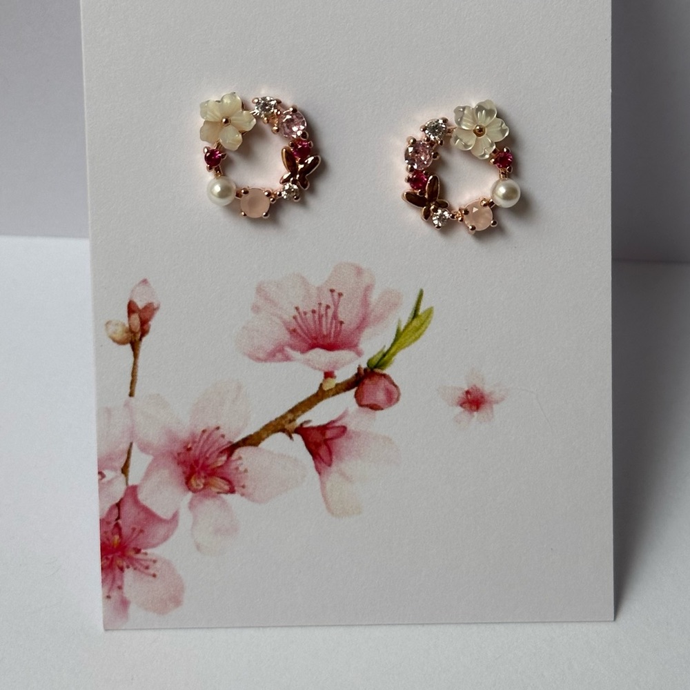 925 Rose Gold Wreath Pink Diamanté White Flower Butterfly Stud Earrings - Picture 4 of 5